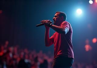 Energetic singer on stage connecting with audience through a microphone