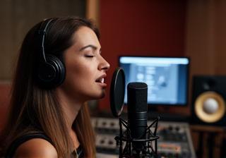 Person singing into a studio microphone in a professional recording booth